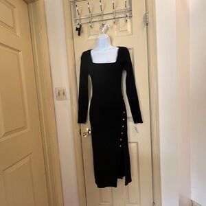 by & by Black Square Neck Midi Dress with Side Button Detail